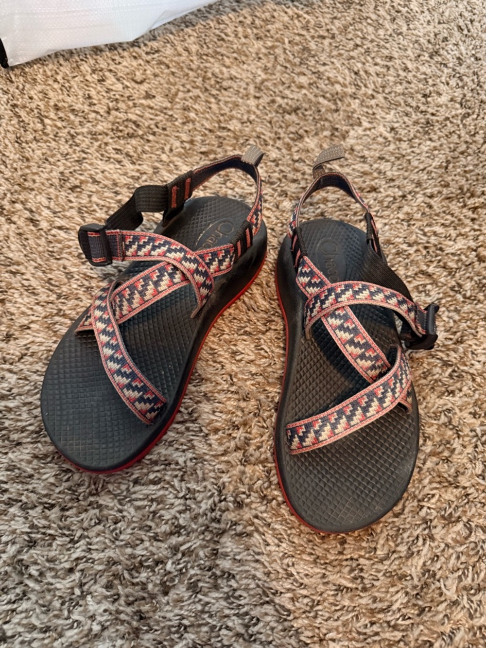 Blue, red/coral, tan Chacos
